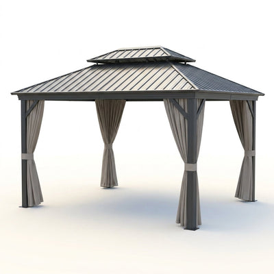 Hardtop Gazebo Pavilion Built for All Weather, 12x14 Aluminum Frame, Curtains and Netting, Garden Outdoor