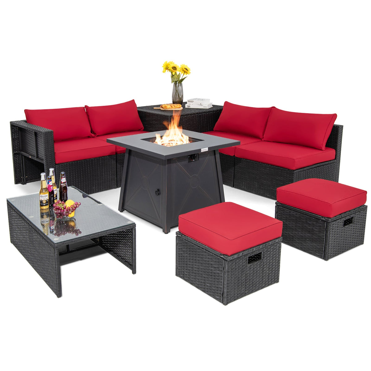 9 Piece Weatherproof Rattan Patio Conversation Set with 30 Inches Propane Fire Pit Table and Dust Covers