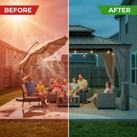 12'X14' Hardtop Gazebo, Heavy Duty Aluminum Permanent Hardtop Gazebo Outdoor Pavilion with Curtains and Netting for Garden — Before & After