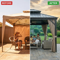 12'X14' Hardtop Gazebo, Heavy Duty Aluminum Permanent Hardtop Gazebo Outdoor Pavilion with Curtains and Netting for Garden — Before & After