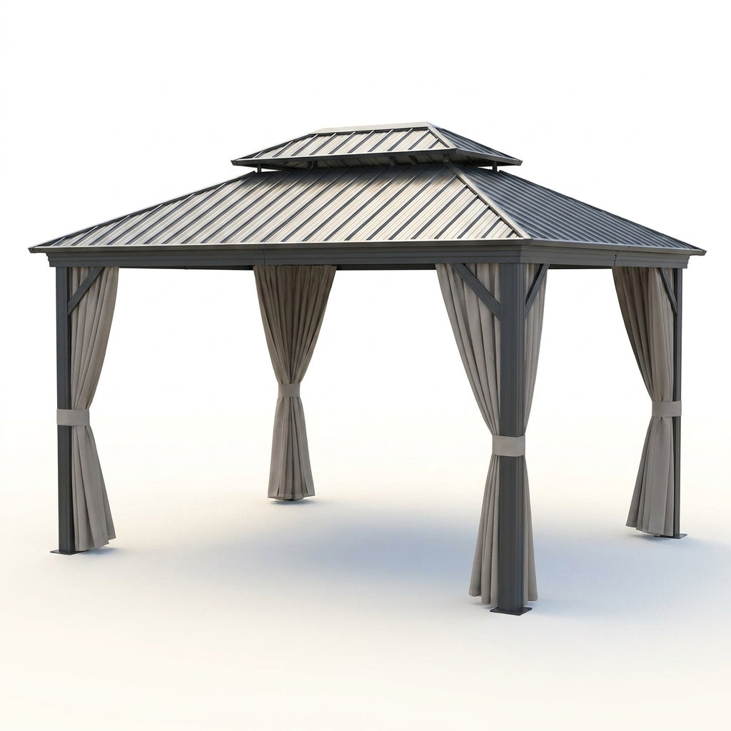 12'X14' Hardtop Gazebo, Heavy Duty Aluminum Permanent Hardtop Gazebo Outdoor Pavilion with Curtains and Netting for Garden — Studio Shot