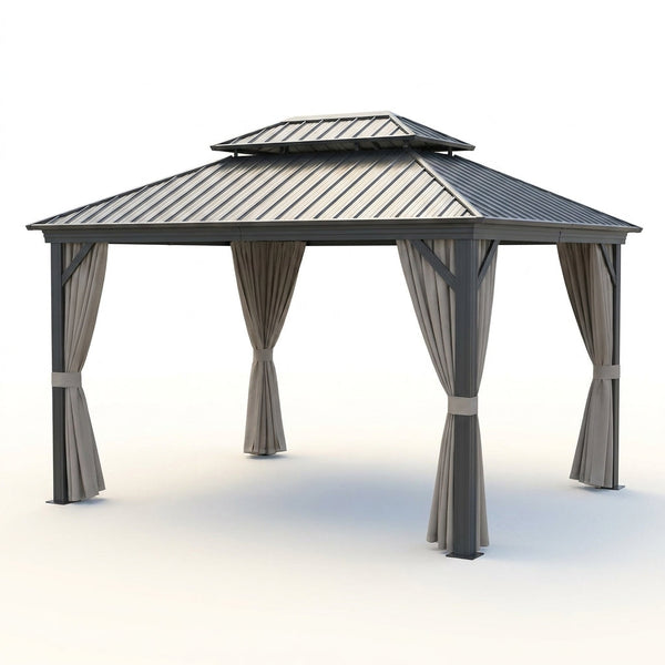 12'X14' Hardtop Gazebo, Heavy Duty Aluminum Permanent Hardtop Gazebo Outdoor Pavilion with Curtains and Netting for Garden — Studio Shot