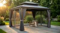 12'X14' Hardtop Gazebo, Heavy Duty Aluminum Permanent Hardtop Gazebo Outdoor Pavilion with Curtains and Netting for Garden — Lifestyle