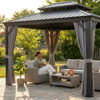 12'X14' Hardtop Gazebo, Heavy Duty Aluminum Permanent Hardtop Gazebo Outdoor Pavilion with Curtains and Netting for Garden — Lifestyle