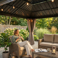 12'X14' Hardtop Gazebo, Heavy Duty Aluminum Permanent Hardtop Gazebo Outdoor Pavilion with Curtains and Netting for Garden — Lifestyle