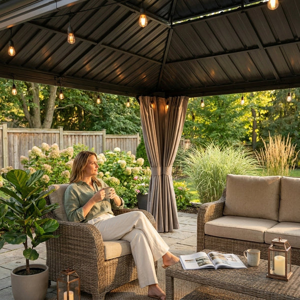 Hardtop Gazebo Pavilion Built for All Weather, 12x14 Aluminum Frame, Curtains and Netting, Garden Outdoor