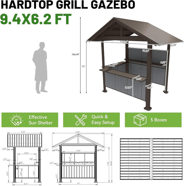 9.4x6.2 FT Hardtop Grill Gazebo with Storage Shelves & Resin Shade System