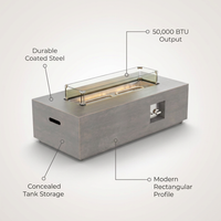 50000 BTU Coating Steel Propane Fire Pit Table in Gray Rectangular Modern Outdoor Gas Fire Table with Tank Holder — infographic