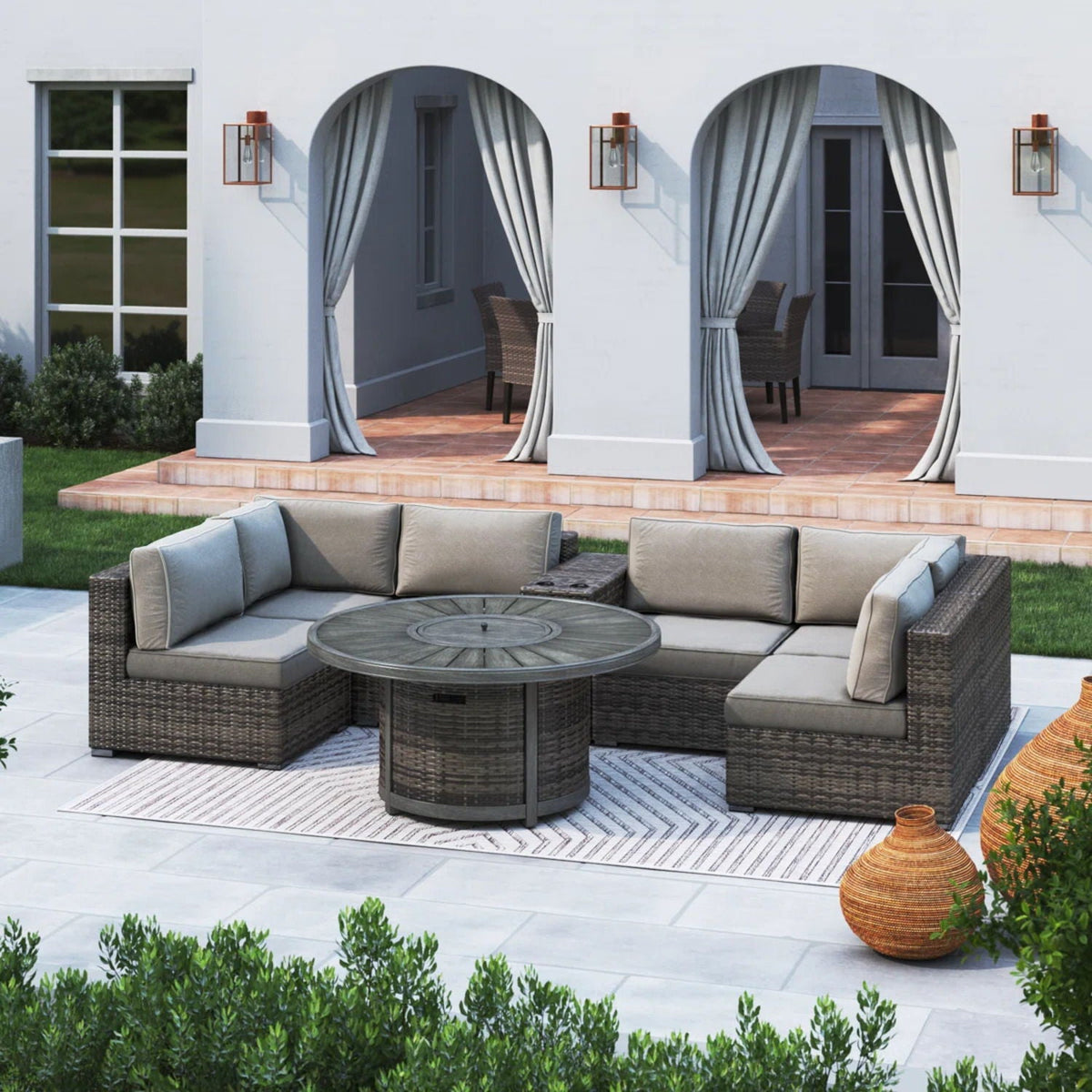 All Weather 4 Person Patio Sofa Set With Fire Pit And Side Table Rustproof - Brown