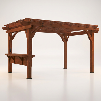Cedar Wood Pergola Built for Outdoor Shade, 10x14 Ft Structure, Built-in Bar, Electric PowerPort