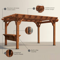 Ashland 10 Ft. X 14 Ft. All Cedar Wood Outdoor Pergola Shade Structure with Bar and Electric — infographic