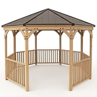 DIY Meridian 12 Ft. Octagon Enclosed Wood Outdoor Patio Gazebo with Brown Hardtop Metal Roof and 36 In. Guard Rail — Studio Shot