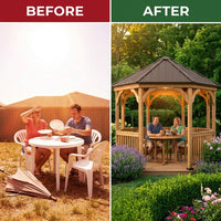 Outdoor Wood Gazebo Built for Year-Round Use, 12 Ft Octagon, Premium Cedar, Metal Hardtop Roof, Guard Rail — Before & After
