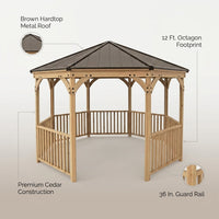 Outdoor Wood Gazebo Built for Year-Round Use, 12 Ft Octagon, Premium Cedar, Metal Hardtop Roof, Guard Rail — infographic