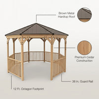 Outdoor Wood Gazebo Built for Year-Round Use, 12 Ft Octagon, Premium Cedar, Metal Hardtop Roof, Guard Rail — infographic