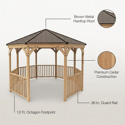 Outdoor Wood Gazebo Built for Year-Round Use, 12 Ft Octagon, Premium Cedar, Metal Hardtop Roof, Guard Rail