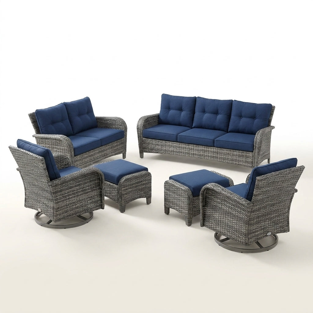 Patio Furniture Set 6-Piece Outdoor Patio Conversation Set with Blue Cushions Lawn Furniture — Studio Shot